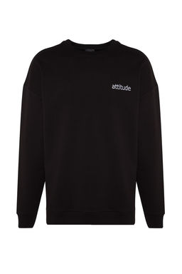 Siyah Premium Bisiklet Yaka Oversize/Genis Kesim Yaz? Nak?sl? Sardonsuz Sweatshirt TMNAW24SW00039