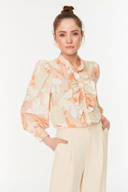 Turuncu Cicek Desenli F?rf?rl? Sifon Kumas Regular Normal Kal?p Dokuma Gomlek TWOAW22GO0117