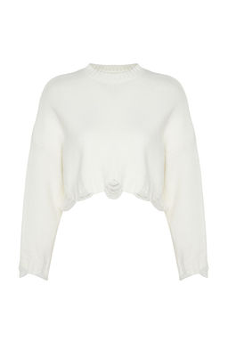 Ekru Crop Genis Kal?p Yumusak Dokulu Ak?tma Detayl? Triko Kazak TWOAW24KZ00319