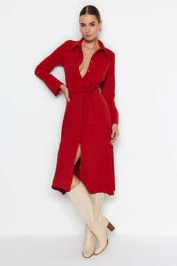 Kiremit Kusakl? Dugmeli Dokuma Gomlek Elbise TWOAW24EL00359