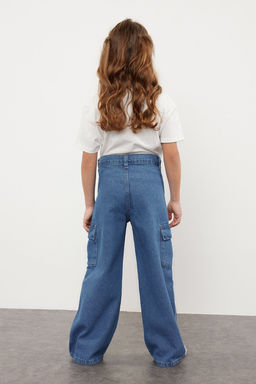 Koyu Mavi K?z Cocuk Wide Leg Kargo Cepli Pamuklu Lastikli Denim Pantolon Jean TKDSS24PL00001 - Trendyolmilla фото 2