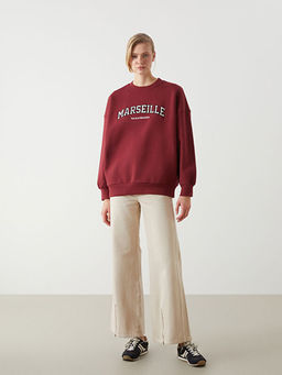 Bisiklet Yaka Nak??l? Oversize Kad?n Kal?n Sweatshirt