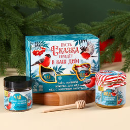 Подарочный набор мёд Пусть сказка придёт: алтайский мёд с маточным молоком 240 г., ягодно-травяной чай с малиной 50 г., ложка для мёда
