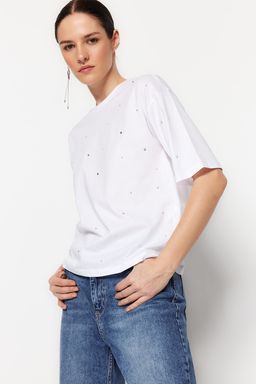 TRENDYOLMILLA Antrasit %100 Pamuk Tas Detayl? Relaxed/Genis Rahat Kesim Bisiklet Yaka Orme T-Shirt TWOSS23TS00153  фото 2