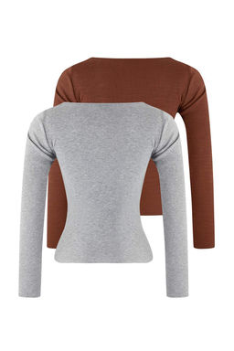 Kahverengi-Gri Melanj 2li Paket V Yaka Fitted/Vucuda Oturan Pamuklu Esnek Orme Bluz TWOAW24BZ00068