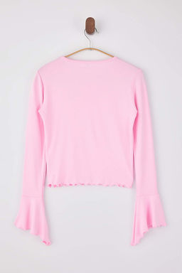 Ac?k Pembe Fitted/Vucuda Oturan Volanl?/F?rf?rl? Yumusak Orme Bluz TWOSS26BZ00152