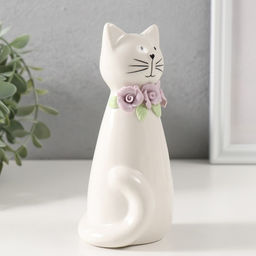 Сувенир керамика "Котик белый сидящий с цветочным ошейником" 6,5х6,2х14,3 см