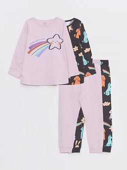 Bask?l? Pamuklu K?z Bebek 2li Pijama Tak?m?
