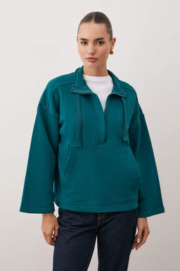 Siyah Dik Yaka Relaxed/Rahat Kal?p Yar?m Pat Fermuarl? ve Cep Detayl? Orme Sweatshirt TWOAW26SW00187 - Trendyolmilla фото 5