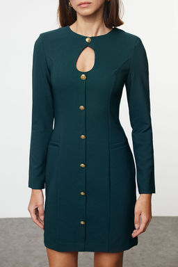 Petrol Duz Duz Kesim Dugme Detayl? Bisiklet Yaka Mini Dokuma Elbise TWOAW24EL00410