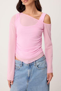 Ac?k Pembe Fitted/Vucuda Oturan Asimetrik Yaka Cift Gorunumlu Buzgulu Tul Orme Bluz TWOSS26BZ00071