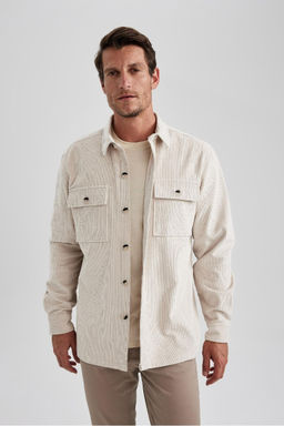 Вельветовая куртка-рубашка стандартного кроя с воротником-поло и длинными рукавами - Defacto фото 5