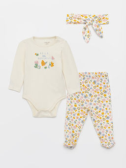 Bisiklet Yaka Uzun Kollu Bask?l? K?z Bebek ??t??tl? Body Pantolon ve Sa? Band? 3l? Tak?m