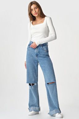 Лонгслив трикотажный с квадратным вырезом из хлопка хаки - Fly фото 21