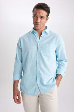 Льняная рубашка обычного кроя с воротником поло и длинными рукавами - Defacto фото 6