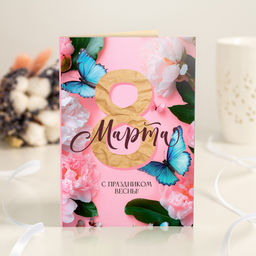 Открытка 4 шоколадки "8 марта (цветы и бабочки розовая)"