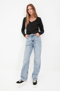 TRENDYOLMILLA Siyah %100 Pamuk Regular/Normal Kal?p Basic V Yaka Uzun Kollu Orme T-Shirt TWOAW21TS0099  фото 11