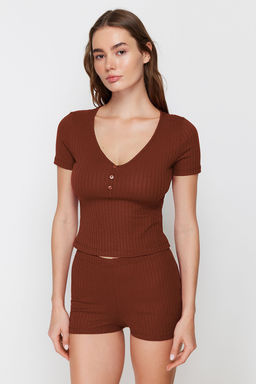 Trendyolmilla Bordo Dugme Detayl? Fitilli Sortlu Orme Pijama Tak?m? THMSS24PT00097 фото 37