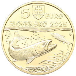 Монета 5 евро 2025 года Словакия Фауна и флора Словакии Дунайский лосось