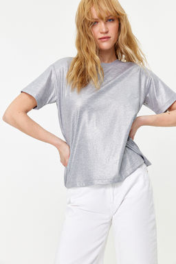 Trendyolmilla Alt?n Varak Bask?l? Regular/Normal Kal?p Orme Bluz TWOSS24BZ00097  фото 8