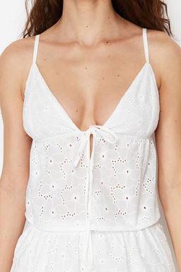 Trendyolmilla Mavi %100 Pamuklu Cicekli Astarl? Kendinden Desenli Sortlu Dokuma Pijama Tak?m? THMSS24PT00075 фото 5