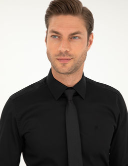 Siyah %100 Pamuk Parlak Saten Slim Fit Uzun Kollu Basic G_mlek
