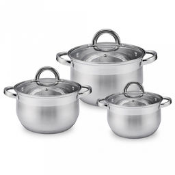 Набор кастрюль из нержавеющей стали "Bella" 3 штуки: 2,9л, 4л, 6,5л, s0,4см, дно s2,8см, стеклянная крышка, многослойное термоаккумулирующее дно, зеркальное внутреннее покрытие, внешнее покрытие матовое, цветная коробка, "Appetite" (Китай)