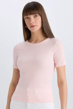 Slim Fit Dar Kesim Bisiklet Yaka Fitilli Kaskorse Basic Duz K?sa Kollu Tisort - Defacto фото 5