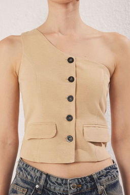 Trendyolmilla Haki Regular Keten Gorunumlu Tek Kol Dokuma Yelek TWOSS25YE00086  фото 6