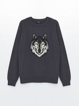 Bisiklet Yaka Bask?l? Uzun Kollu Erkek ?ocuk Triko Kazak