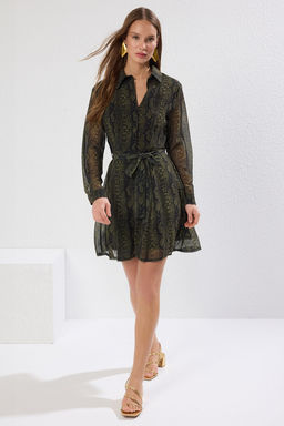 TRENDYOLMILLA Cok Renkli Kusakl? Animal Desenli Belden Ac?lan Astarl? Mini Sifon Dokuma Elbise TWOAW25EL00161