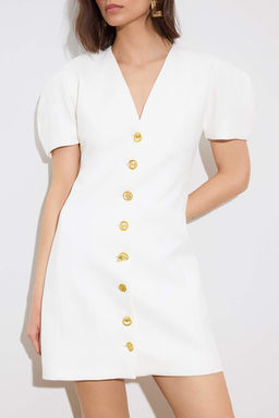 Ekru Dugme Detayl? K?sa / Mini Dokuma Elbise TWOSS26EL00192