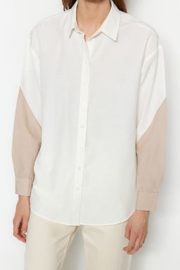 TRENDYOLMILLA Ekru Renk Bloklu Boyfriend Genis Kal?p Dokuma Gomlek TWOSS23GO00393  фото 10