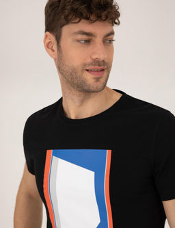 Siyah Bask_l_ Bisiklet Yaka Ti__rt