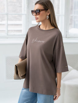 Футболка оверсайз с принтом стразами из премиального хлопка с эластаном Футболка оверсайз с принтом стразами из премиального хлопка с эластаном