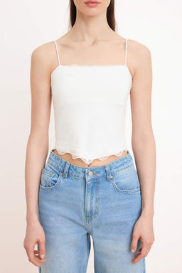 Ekru Fitted/Vucuda Oturan Ask?l? Straplez Dantel Detayl? Pamuklu Esnek Orme Atlet TWOSS26AL00049 - Trendyolmilla фото 3