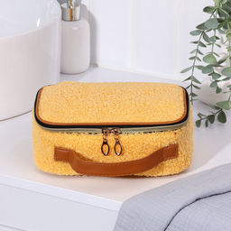 Косметичка-сундучок на молнии, на подкладке, плюшевая, с ручкой, жёлтая