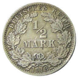 Монета 1/2 марки 1918 года A Германия