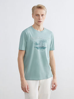 Bisiklet Yaka Bask?l? Penye Erkek Ti??rt