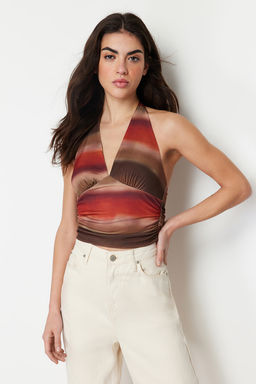 Cok Renkli Boyundan Baglamal? Vucuda Oturan Desenli Crop Esnek Orme Bluz TWOSS24BZ00061