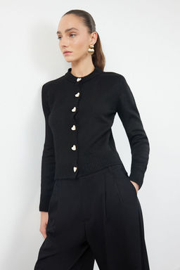 Siyah Yumusak Dokulu Mucevher Dugmeli Ceket Gorunumlu Triko H?rka TWOAW22HI0044
