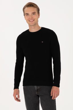 Erkek Slim Fit Bisiklet Yaka Siyah Basic Kazak