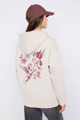 Teen Tas Kapusonlu S?rt Melek Bask?l? Kal?n Ici Polarl? Oversize Orme Sweatshirt TWOAW26SW00198