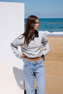 Ekru Cizgili More Sustainable Dokuma Yaka Detayl? Regular Orme T-shirt/Sweatshirt TWOAW26TS00004 - Trendyolmilla фото 2