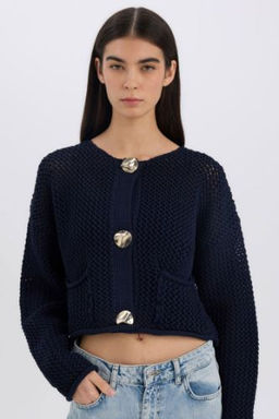 Relax Fit Bisiklet Yaka Dugmeli Orgu Desenli Triko H?rka