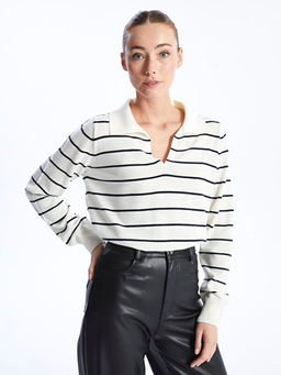 Polo Yaka ?izgili Uzun Kollu Kad?n Triko Kazak