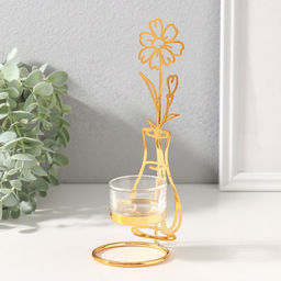 Подсвечник на 1 свечу металл, стекло Цветок в вазе, золото, d=4.5 см, 7.4?7.5?21 см