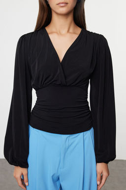 Trendyolmilla Murdum Kruvaze Buzgu/Drape Detayl? Uzun Kollu Esnek Orme Bluz TWOAW25BZ00021  фото 3