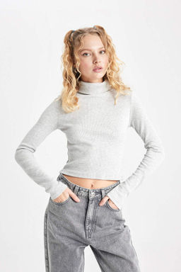 Классная приталенная водолазка в рубчик, базовая футболка с длинными рукавами - Defacto фото 4