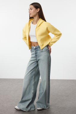 Ac?k Sar? Fermuarl? Kapusonlu Rahat Kesim Crop Kal?n Ici Polarl? Orme Sweatshirt TWOAW20SW0660